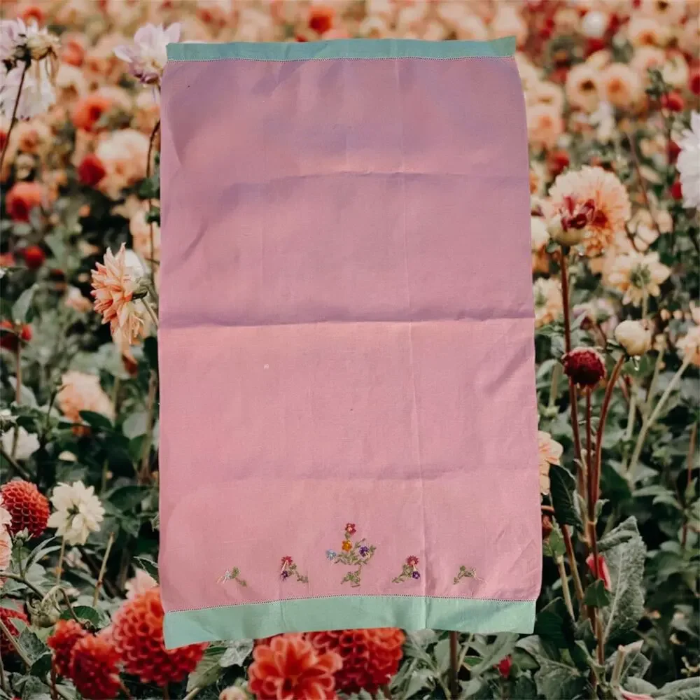 3/$20 VTG Linen Handmade Pink & Green Floral Embroidery Tea Towel READ